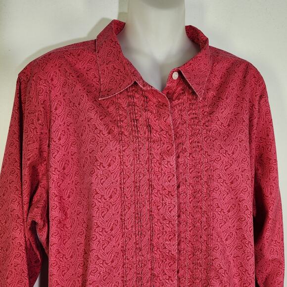LL Bean Womens Wrinkle Resist Pleated Shirt XL Petite Paisley Hidden Button Pink - Picture 3 of 13